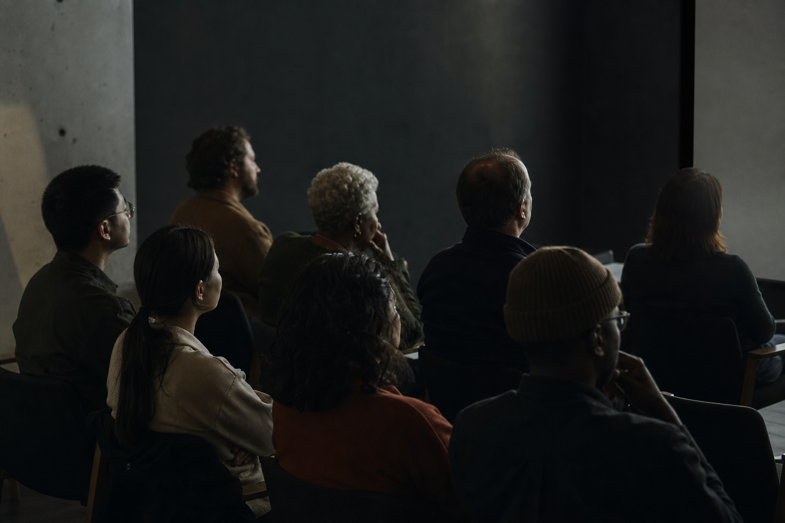 A fictional, diverse museum audience watching an unseen archival work.